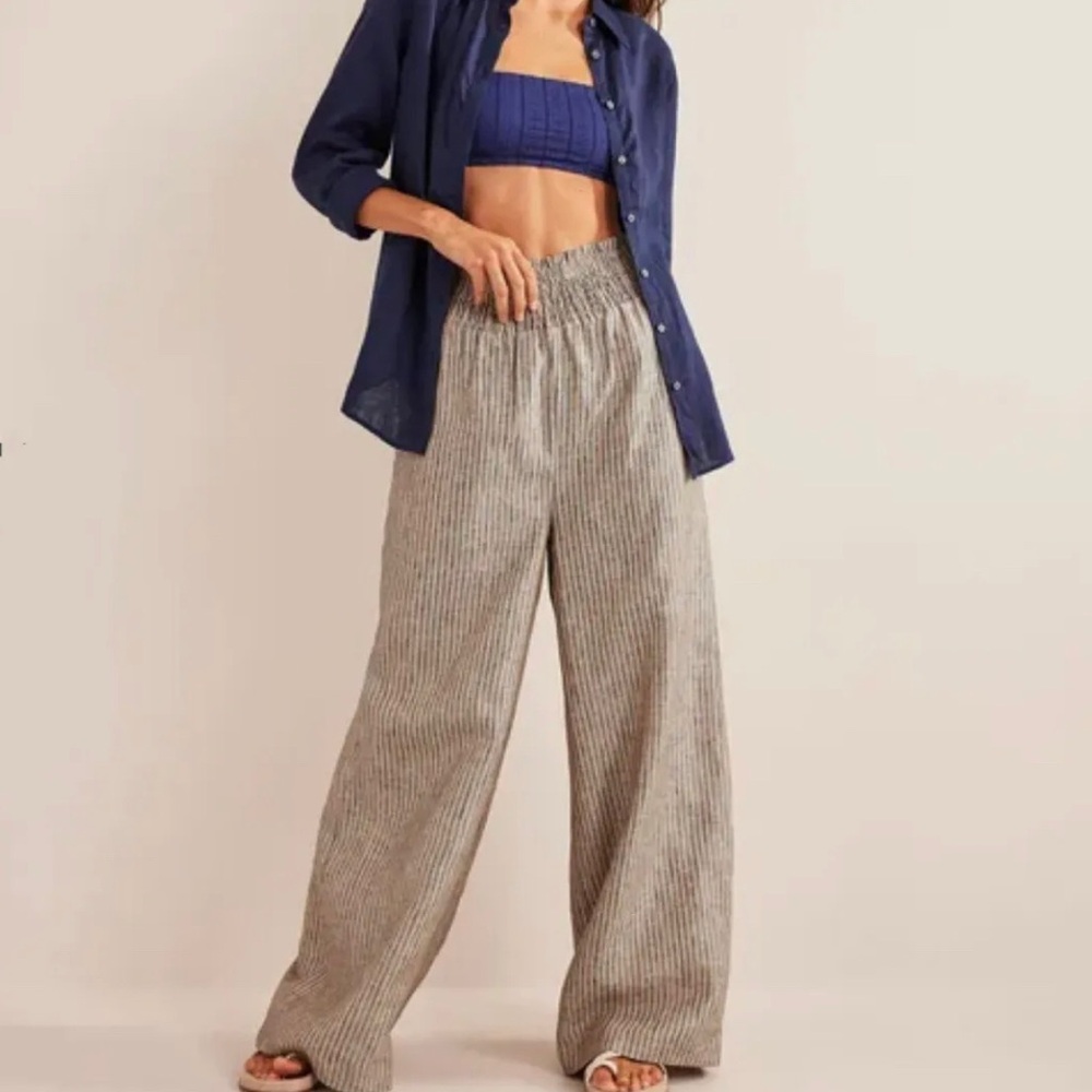 NWT Boden Women's Tan Lurex Stripe Linen Shirred Waist Wide Leg Pants Size 10L